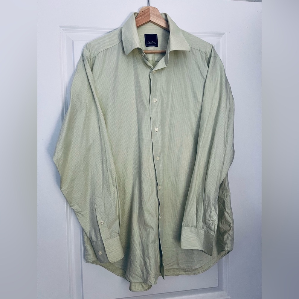 David Donahue Light Green and white Micro-Checkered Dress Shirt